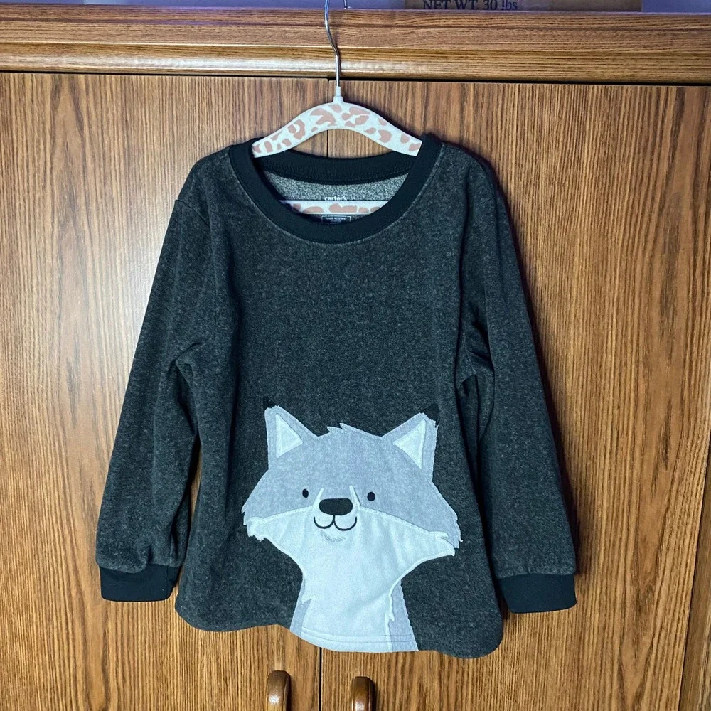 Carter's Fleece Pajama Top Kids 4T Gray Wolf Long Sleeve Sleep Shirt